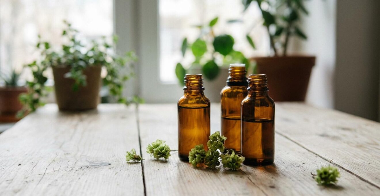 Flacons d'huile CBD et fleurs séchées disposés sur table en bois naturel pour débuter