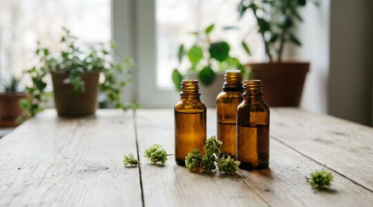 Flacons d'huile CBD et fleurs séchées disposés sur table en bois naturel pour débuter