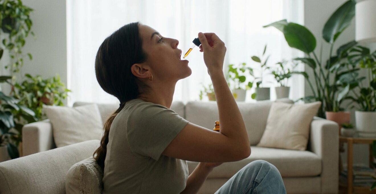 Personne déposant des gouttes d'huile CBD sous la langue dans son salon