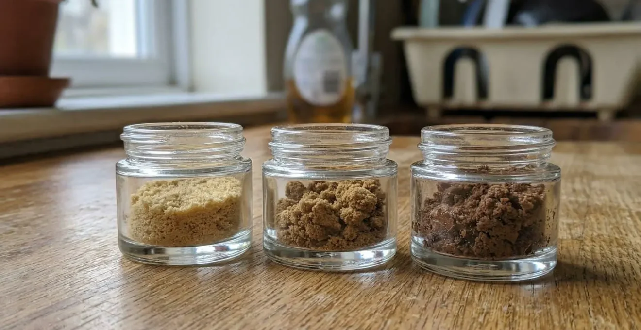 Gros plan sur trois petits contenants en verre alignés contenant des pollens CBD de textures et couleurs différentes, du doré clair au brun foncé, sur un plan de travail de cuisine