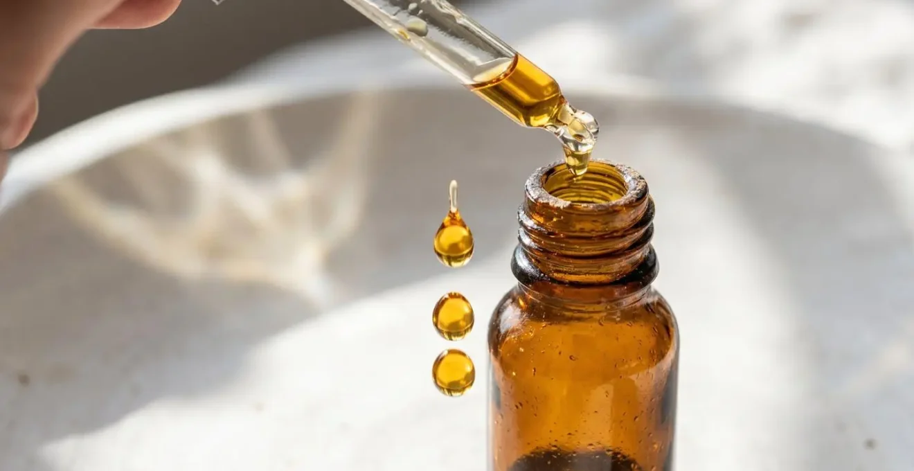 Gros plan de gouttes d'huile CBD tombant d'une pipette dans un flacon ambré