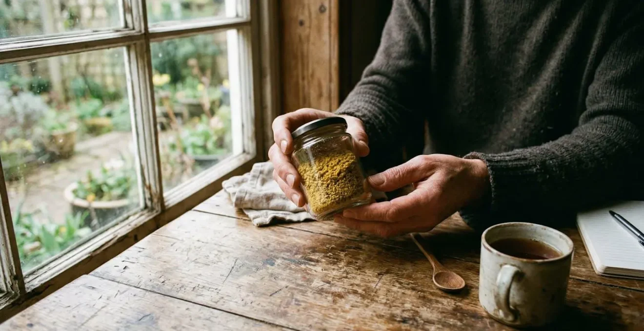 Deux mains tiennent délicatement un petit pot en verre contenant du pollen CBD doré, posées sur une table en bois rustique près d'une fenêtre