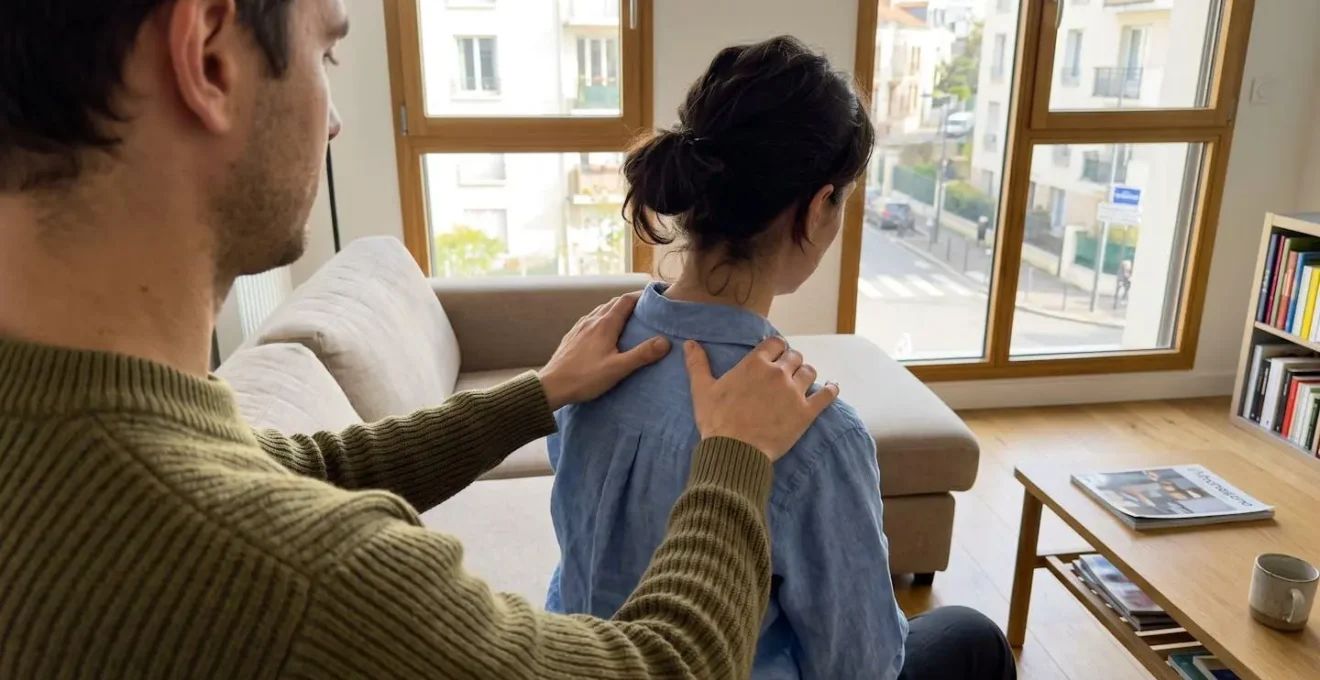 Personne massant doucement l'épaule d'une autre dans un intérieur moderne lumineux