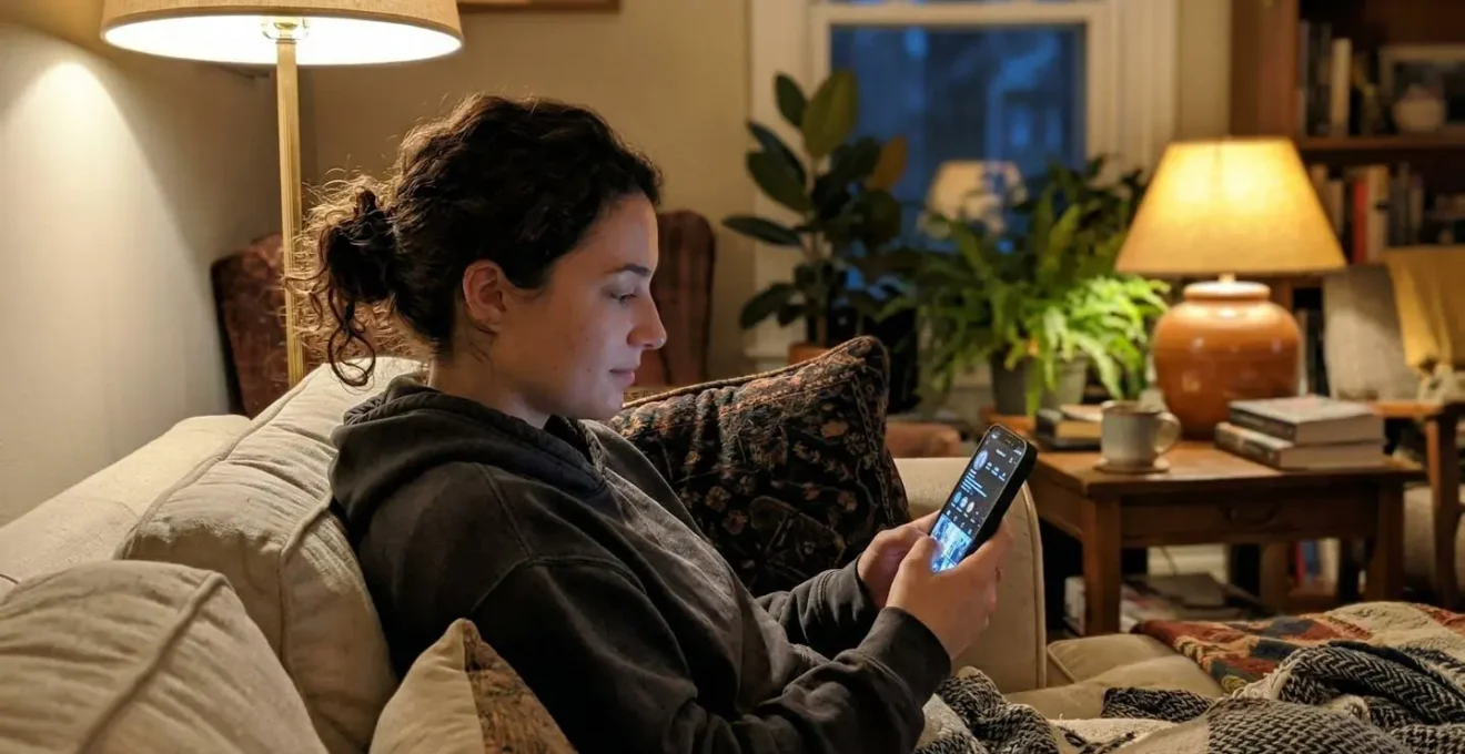 Une personne assise dans un canapé consulte son téléphone avec une expression concentrée, éclairée par une lampe d'appoint dans un salon cosy le soir