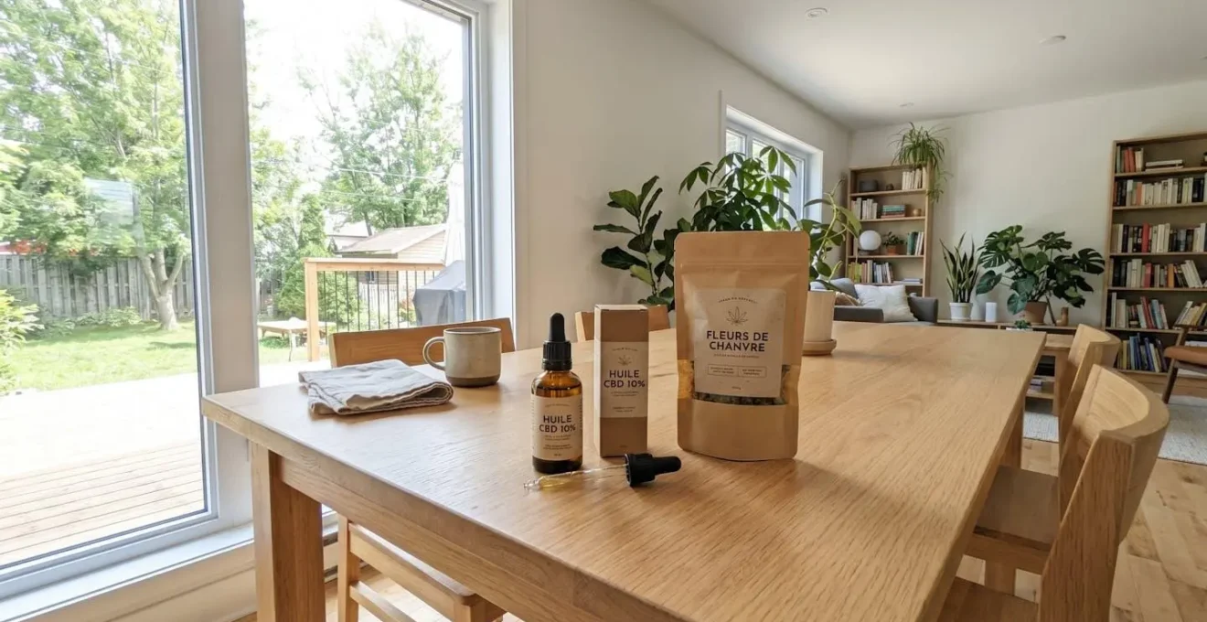 Table moderne avec différents produits CBD disposés naturellement dans un intérieur lumineux